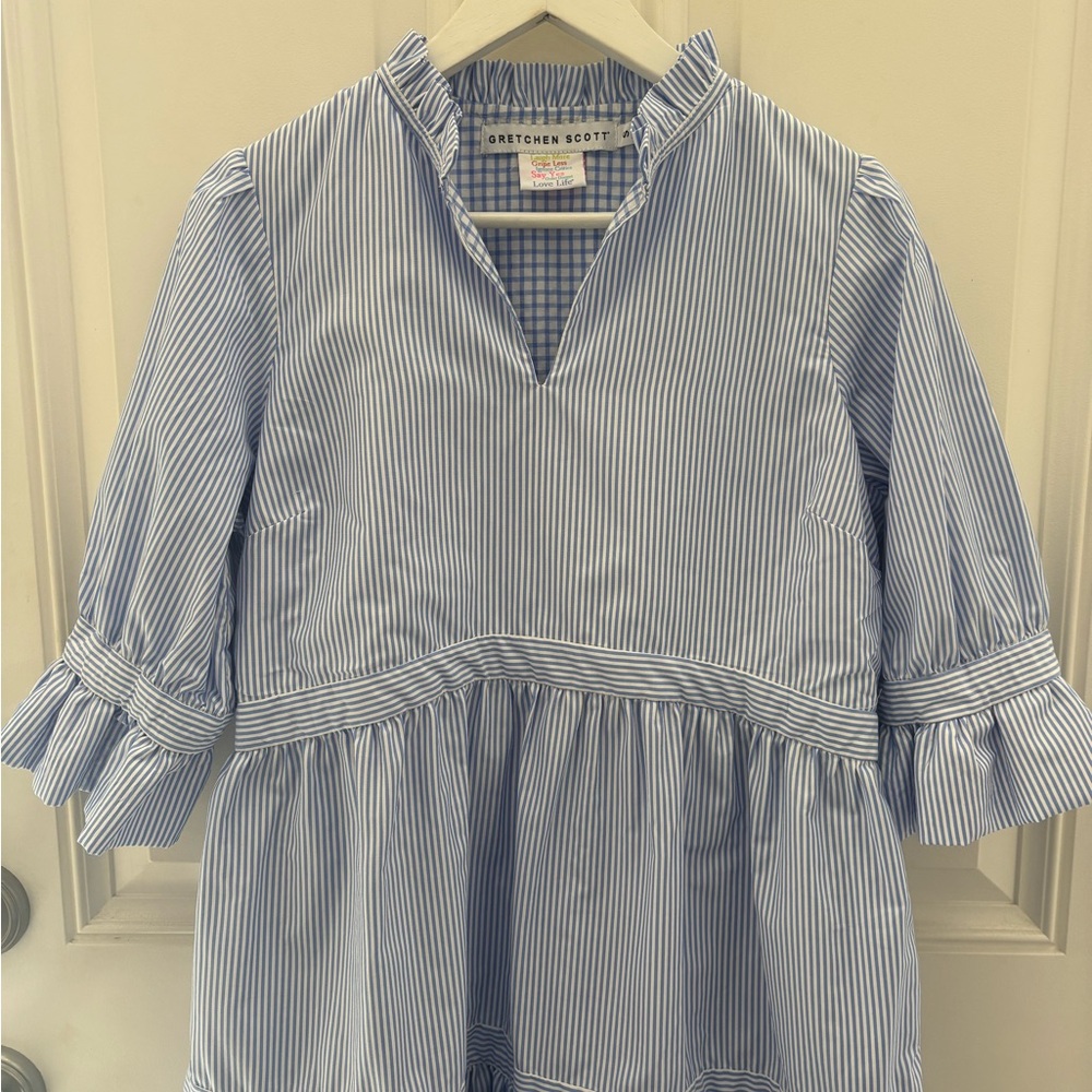 ✨Gretchen Scott Designs✨ Light Blue Striped Tiered Shirt Dress - Picture 2 of 15